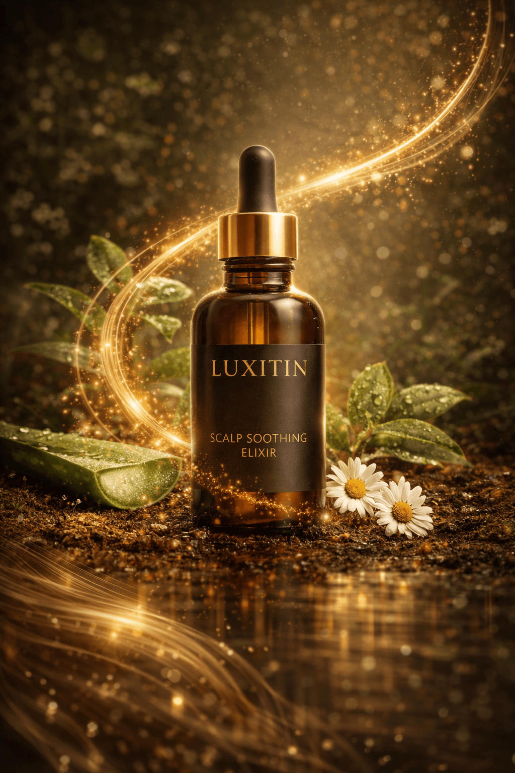 Luxitin Scalp Soothing Elixir packaging illustration